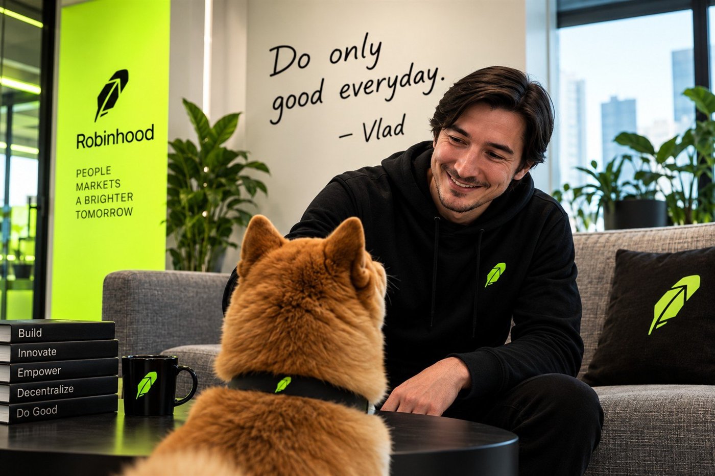 Vlad Tenev with a Shiba Inu beneath a wall reading Do only good everyday