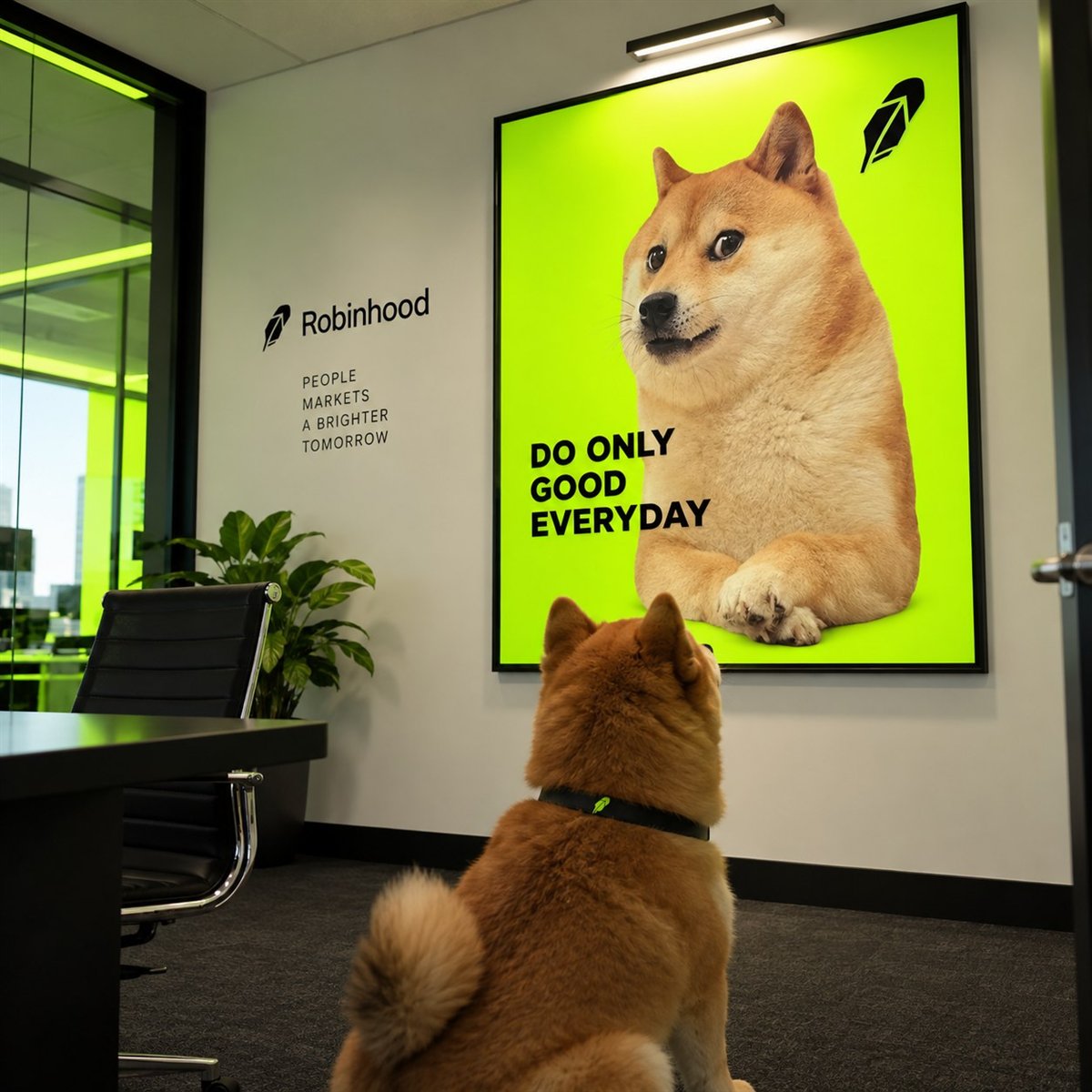 Shiba Inu looking up at a Do Only Good Everyday poster