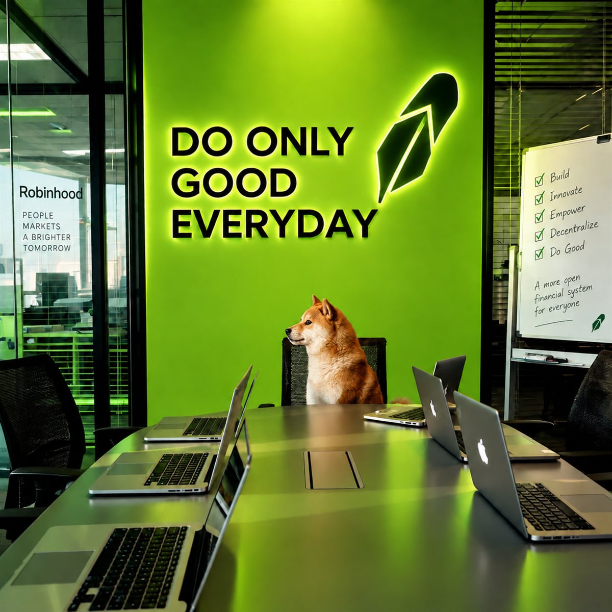 Shiba Inu at a boardroom table in front of a Do Only Good Everyday wall